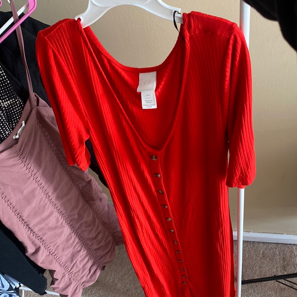 Red button dress.